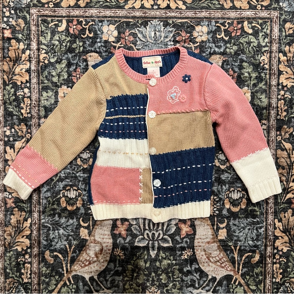 Toffee Apple Patchwork Knit Cardigan in Pink, Navy, Tan & Cream Size 5